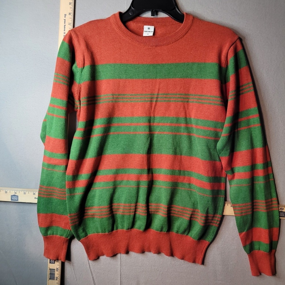 Tom Tailor Men Striped Crewneck Sweater Orange Green Freddy Krueger Style Size M
